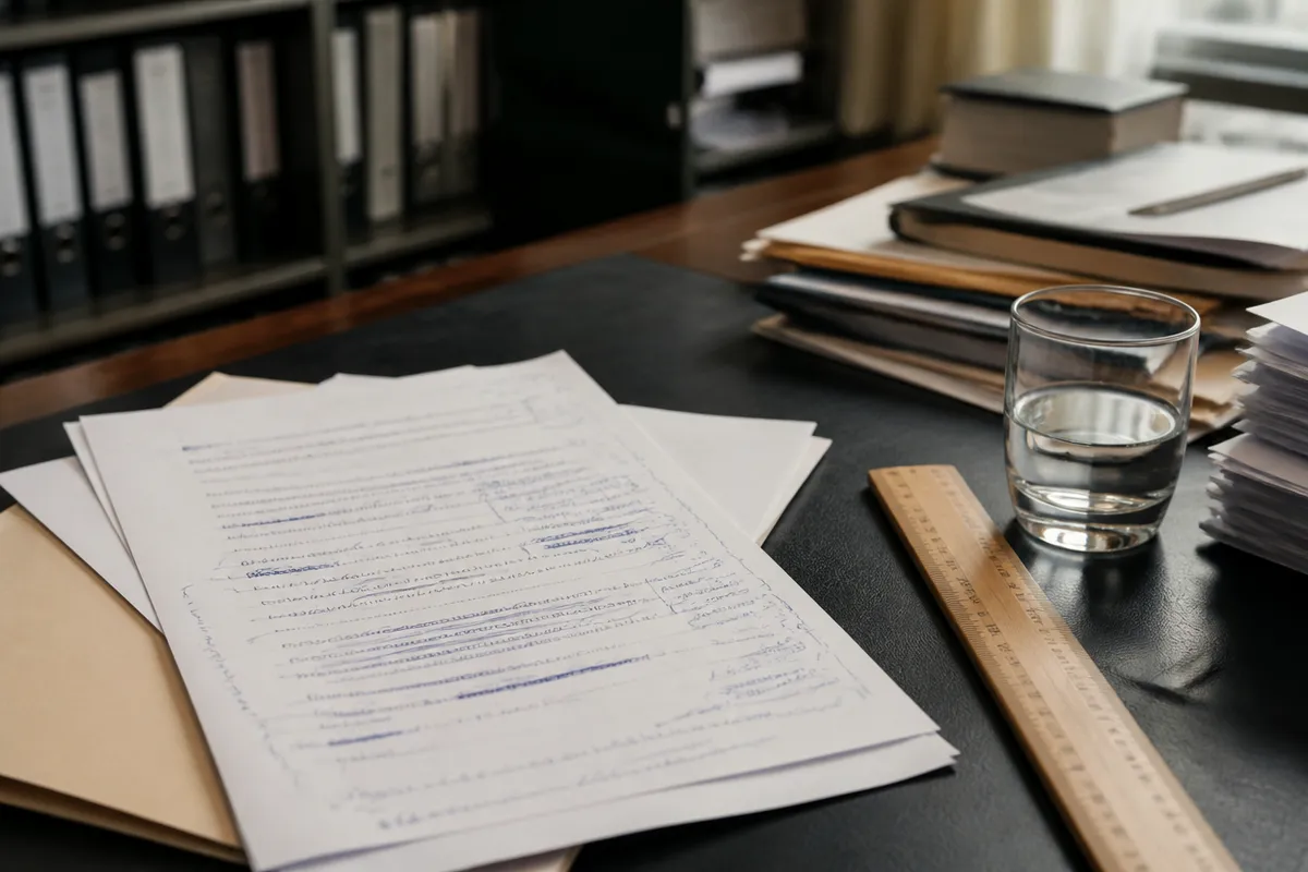 Escrito de alegaciones en borrador sobre el escritorio de una asesoría fiscal en Valencia