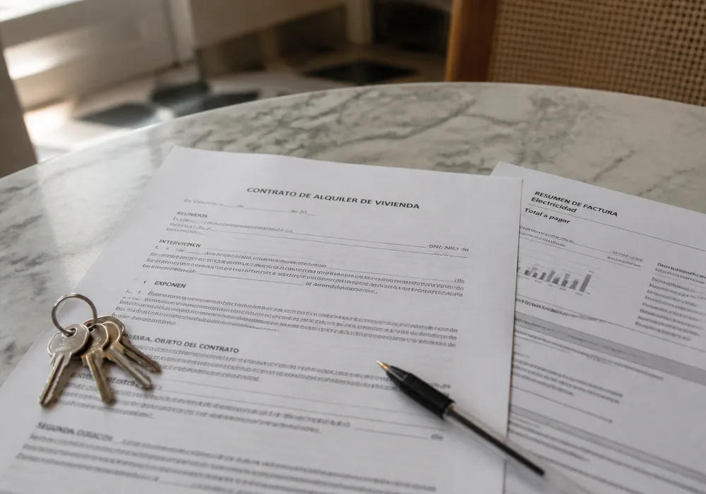 Contrato de alquiler de vivienda y llaves junto a documentación fiscal en Valencia