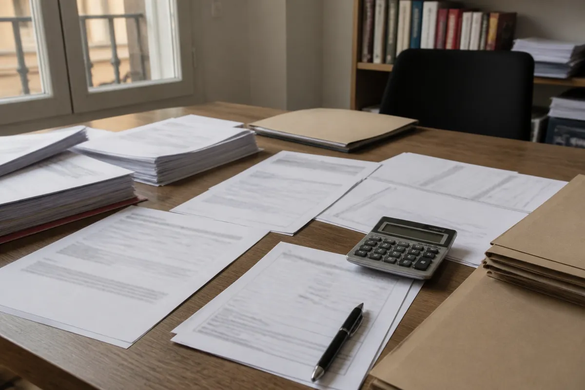 Mesa de asesoría en Valencia con contratos, nóminas, calculadora y carpetas de cartón