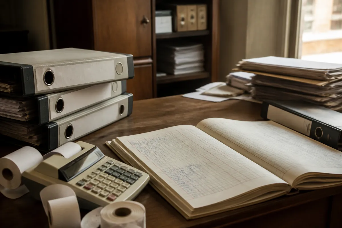 Documentación contable de una pyme en Valencia sobre una mesa de asesoría, con libros y carpetas ordenadas