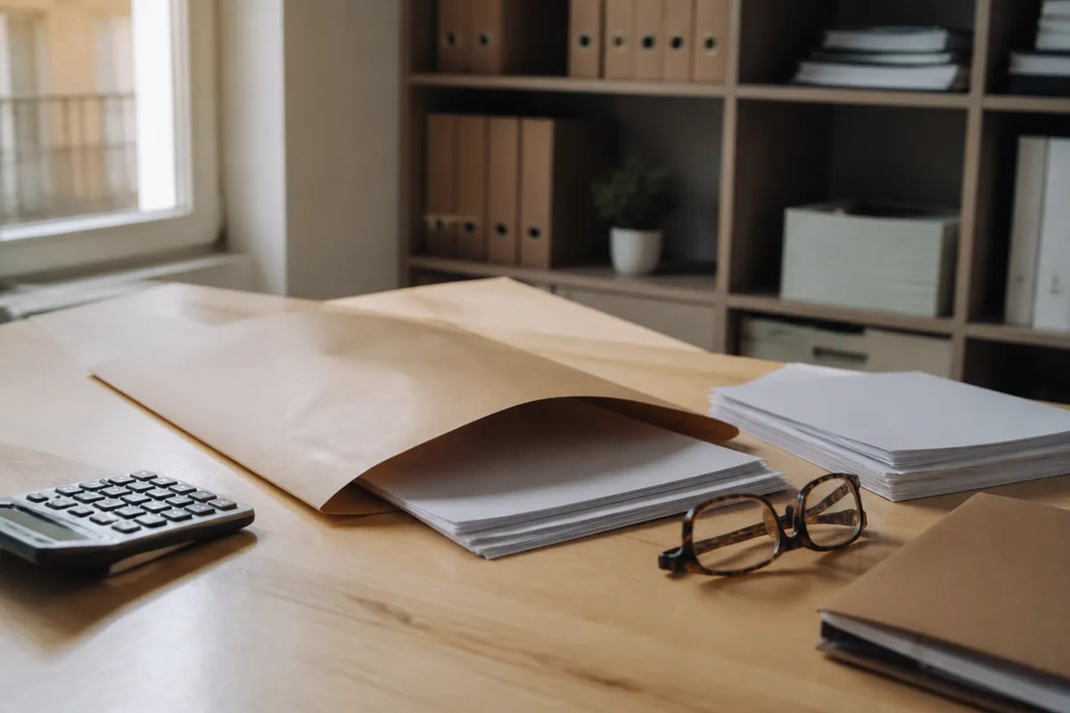 Mesa de asesoría fiscal en Valencia con un sobre administrativo abierto, carpetas y calculadora listos para responder a Hacienda