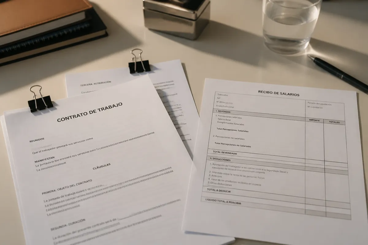 Contratos laborales y nóminas sobre la mesa de una asesoría laboral en Valencia